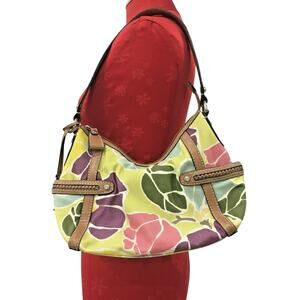 Fossil Canvas Shoulder Bag Purse Tan Leather Key Charm Multi Color Floral Cotton